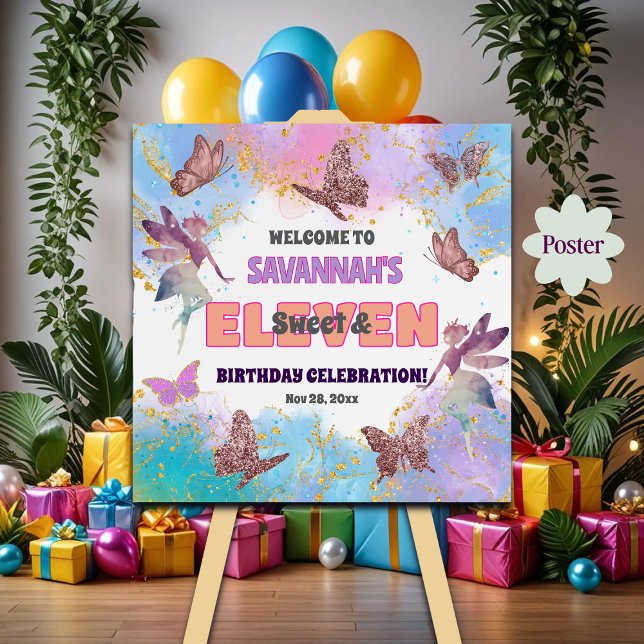 Poster Butterflies Fairy Glitter 11th Birthday Welcome (Criador carregado)