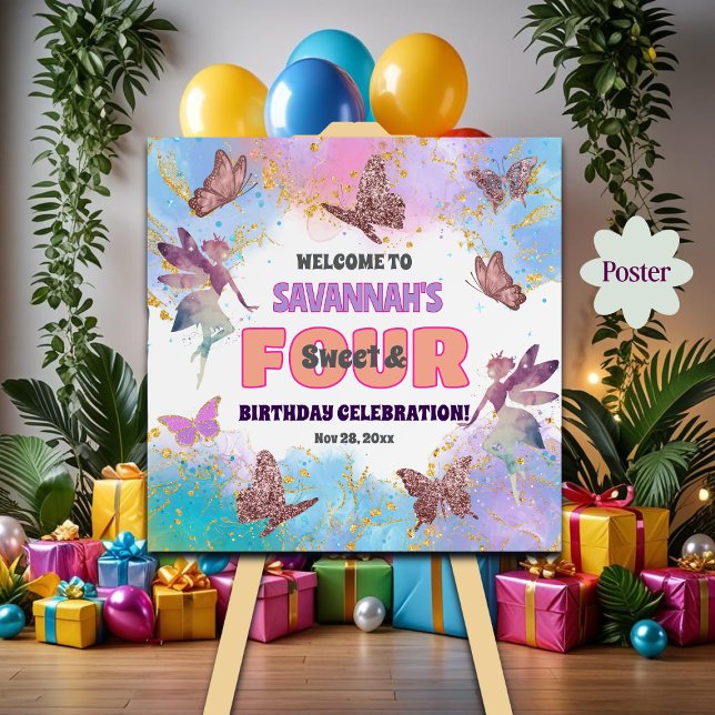 Poster Butterflies Fairy Glitter 4th Birthday Welcome (Criador carregado)