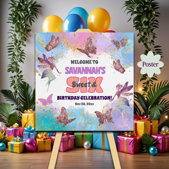 Poster Butterflies Fairy Glitter 6th Birthday Welcome (Criador carregado)