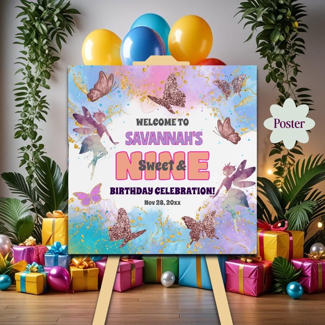 Poster Butterflies Fairy Glitter 9th Birthday Welcome (Criador carregado)