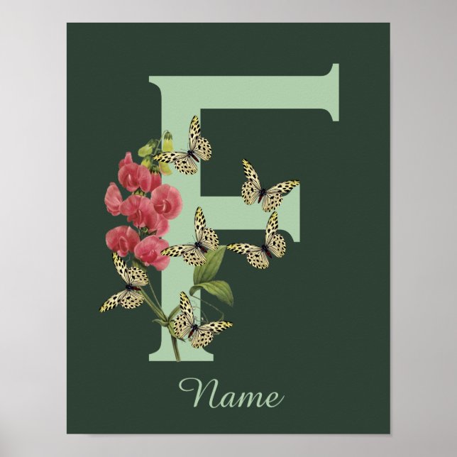 Poster Butterflies Flower Monogram Initial F Personalized (Frente)