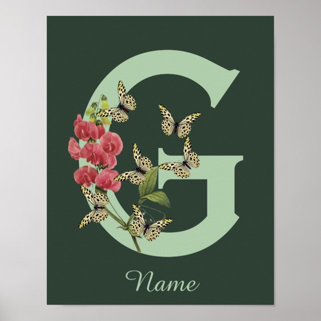 Poster Butterflies Flower Monogram Initial G Personalized (Frente)