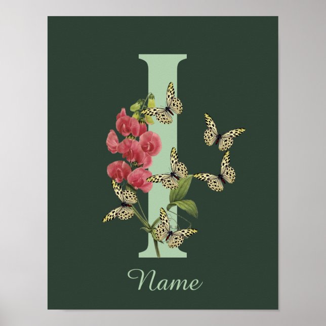Poster Butterflies Flower Monogram Initial I Personalized (Frente)