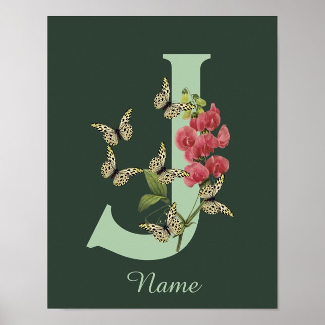 Poster Butterflies Flower Monogram Initial J Personalized (Frente)