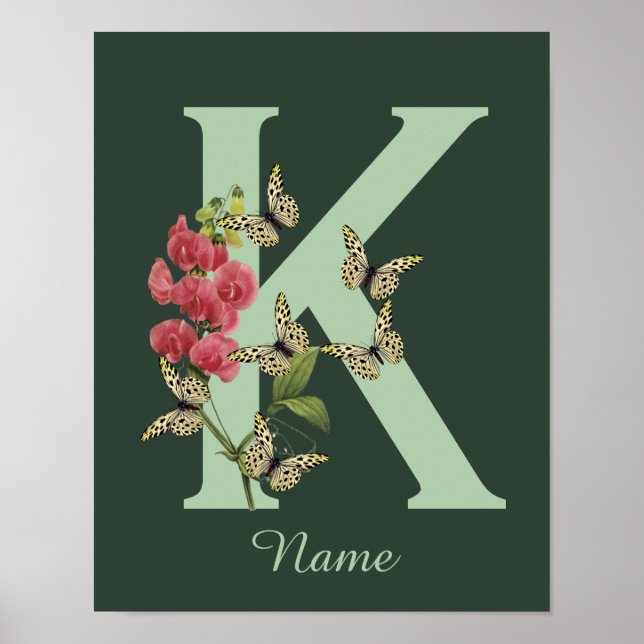 Poster Butterflies Flower Monogram Initial K Personalized (Frente)