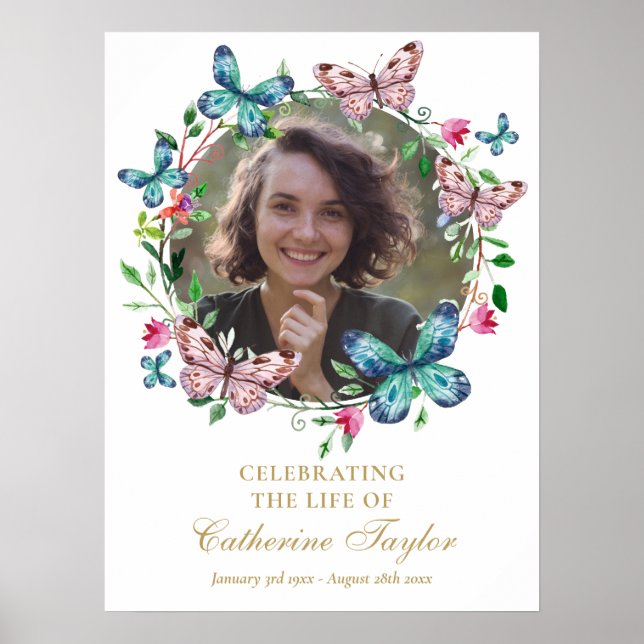Poster Butterflies Photo Funeral Celebration Of Life Sign (Frente)