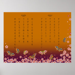Poster Butterflies & Sakura Hiragana Katakana Japonês