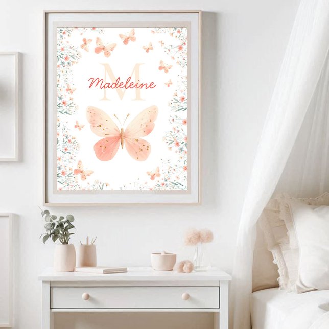 Pôster Butterfly Flores Selvagens Monograma de Coral Teal (butterfly wildflowers monogram name personalized nursery decor poster pink coral teal cute)