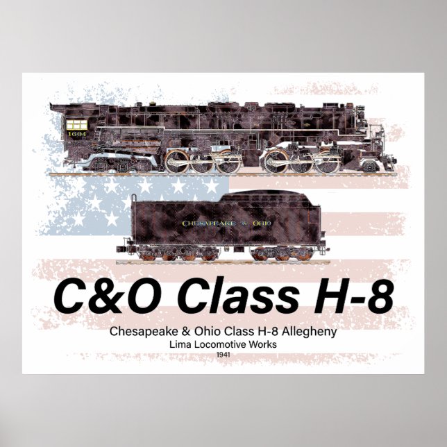 Poster C&O Class H-8 Allegheny Locomotive - American flag (Frente)