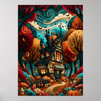 Poster Cabana Caprichosa de Halloween Floresta de Outono
