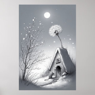 Poster Cabana Caprichosa e Nevada sob a Luz da Lua