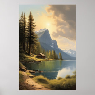 Poster cabana com vista para um lago perto das montanhas