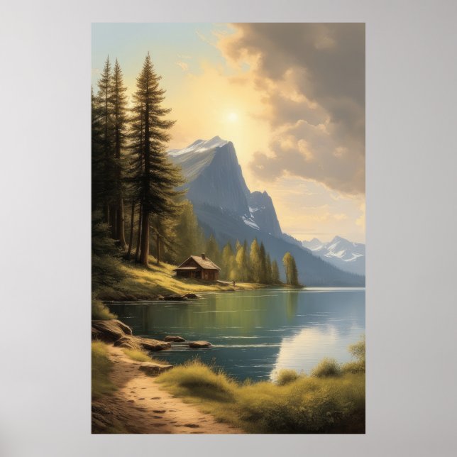 Poster cabana com vista para um lago perto das montanhas (Frente)
