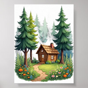 Poster Cabana Cottagecore Floresta Flores Silvestres Fuga