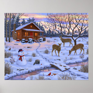 Poster Cabana de Inverno Veado Na Neve Cena de Natal