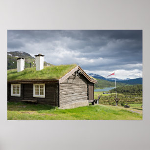 Pôster Cabana de toras com telhado de grama na Noruega pô