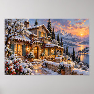 Poster Cabana do Lago da Montanha Nevada ao Pôr do Sol Do