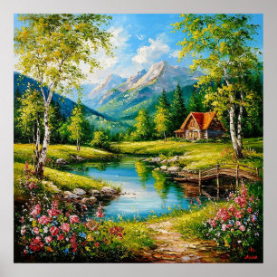 Poster Cabana Idílica à Beira de um Córrego em uma Montan