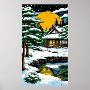 Poster Cabana Japonesa Nevada Ao Pôr do Sol Iluminado pel