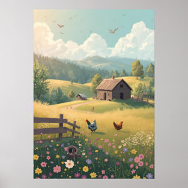 Poster Cabana Rústica no Campo com Flores Silvestres