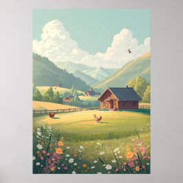 Poster Cabana Rústica no Campo com Flores Silvestres