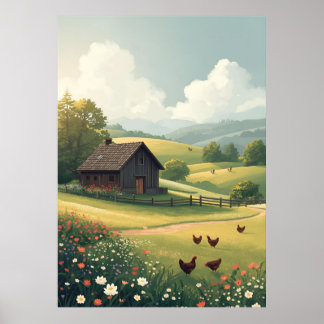 Poster Cabana Rústica no Campo com Flores Silvestres 