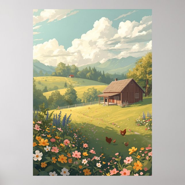 Poster Cabana Rústica no Campo com Flores Silvestres  (Frente)