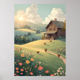 Poster Cabana Rústica no Campo com Flores Silvestres