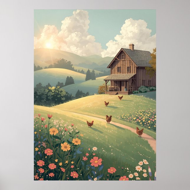 Poster Cabana Rústica no Campo com Flores Silvestres  (Frente)