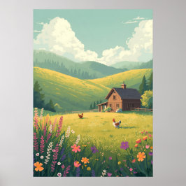 Poster Cabana Rústica no Campo com Flores Silvestres