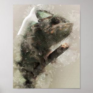 Poster cabeça de camaleão fecha pintura de óleo de aquare