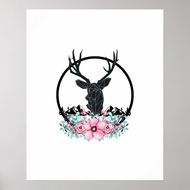 Poster Cabeça de cervo preto com flores e montanhas cor-d (Frente)