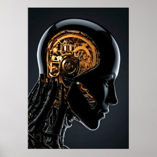 Poster Cabeça de Ciborgue Preto Cérebro Mecânico Dourado 