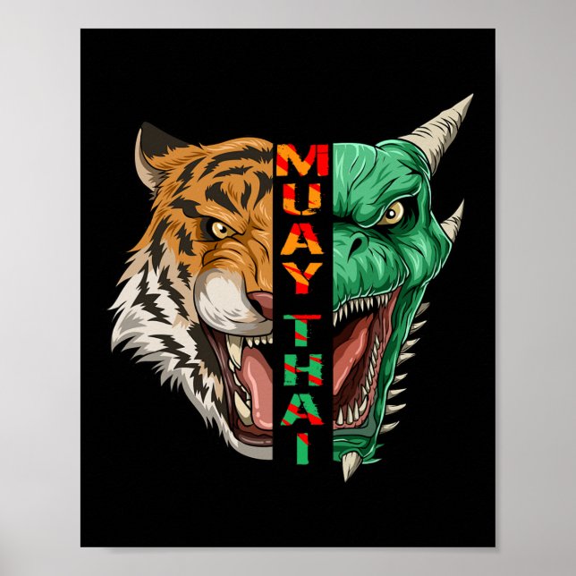 Poster Cabeça de Dragão e Tigre - Presente de Muay Thai e (Frente)