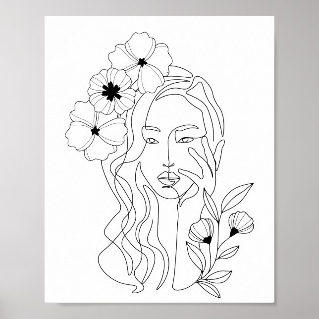 Poster Cabeça de Flor Mínima da Mulher de Arte de Linha (Frente)