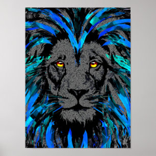 Poster Cabeça De Leão Azul - Retrato De Leão - Rosto D