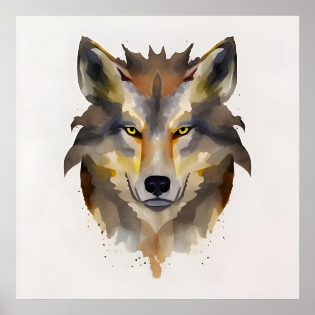 Poster Cabeça de Lobo de Aquarela (Frente)