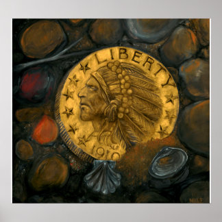 Pôster Cabeça indiana Dourada $5 Half Eagle oil em gesso