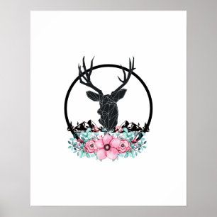 Poster Cabeça preta dos cervos com flores & as montanhas