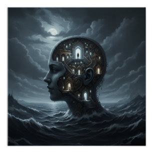 Pôster Cabeça Surrealista de Mulher Com Quartos Emerge do