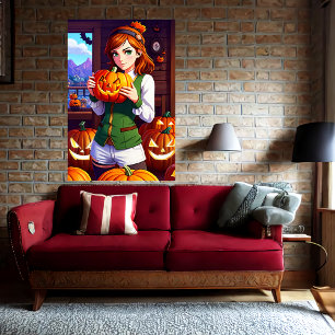 Poster Cabelo longo de moça segurando abóbora Arte AI