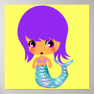 Pôster cabelo púrpura de sereia mágica de chibi