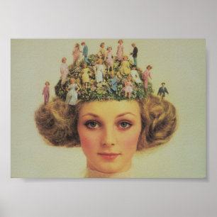 Poster Cabelo Surreal Da Mulher Retro Com Pessoas Pequena