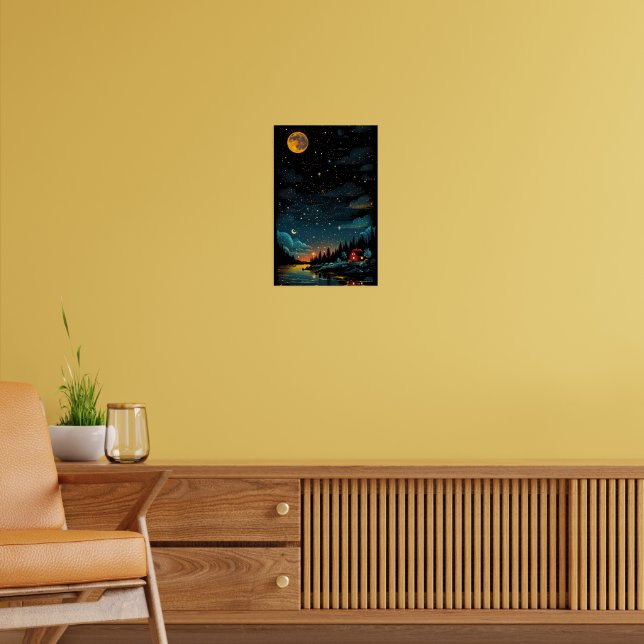 Poster Cabina iluminada pelo lago - Floresta noturna este (Sala de Estar 2)