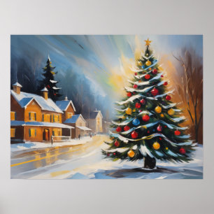 Poster Cabinas de neve festiva com árvore de Natal