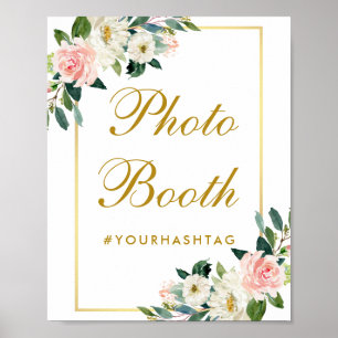 Poster Cabine de Foto Casamento Rosa Floral Dourado