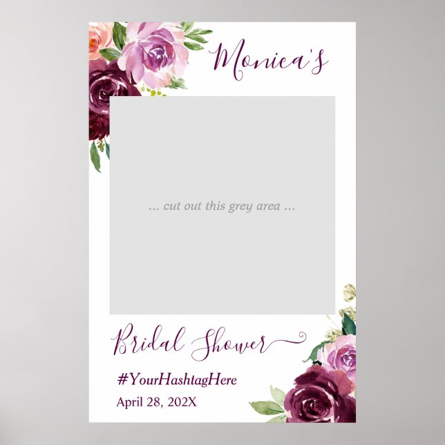 Poster Cabine de Foto de Casamento Floral Chic Amor Roxo (Frente)