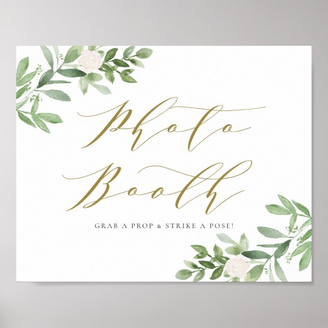 Poster Cabine de Foto de Verde com Flores Brancas em Aqua (Frente)