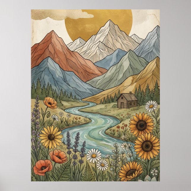Poster Cabine de Montanha Celestial Boho Rio Girassol (Frente)