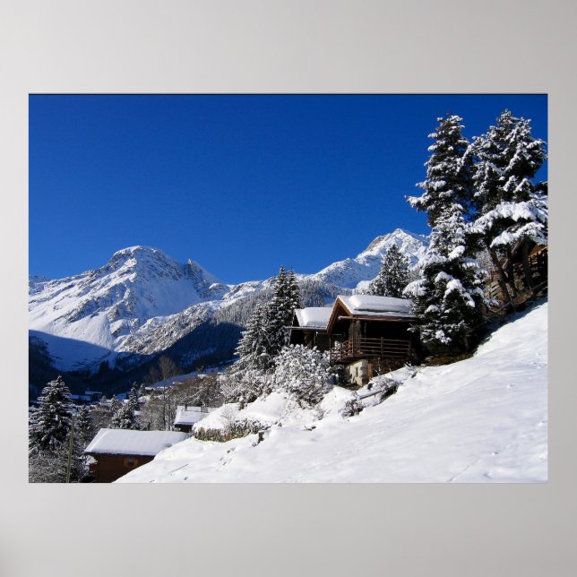 Poster Cabines de madeira cobertas de neve na Suíça (Frente)